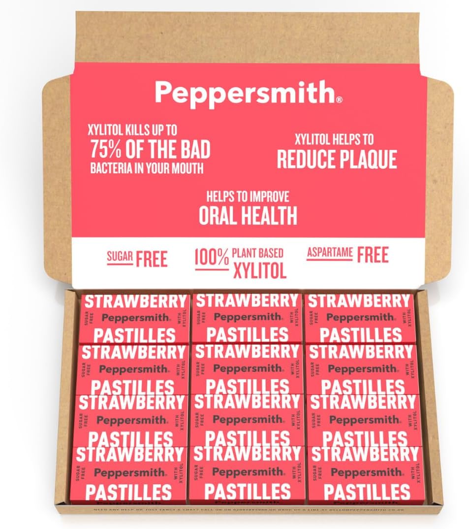 Peppersmith - Strawberry Mints - Vegan - Sugar Free - Strawberry Pastilles - Sugar Free Mints - Breath Freshener - 100% Plant Based Xylitol - Benefits Oral Health - Pocket Packs - 12x15g