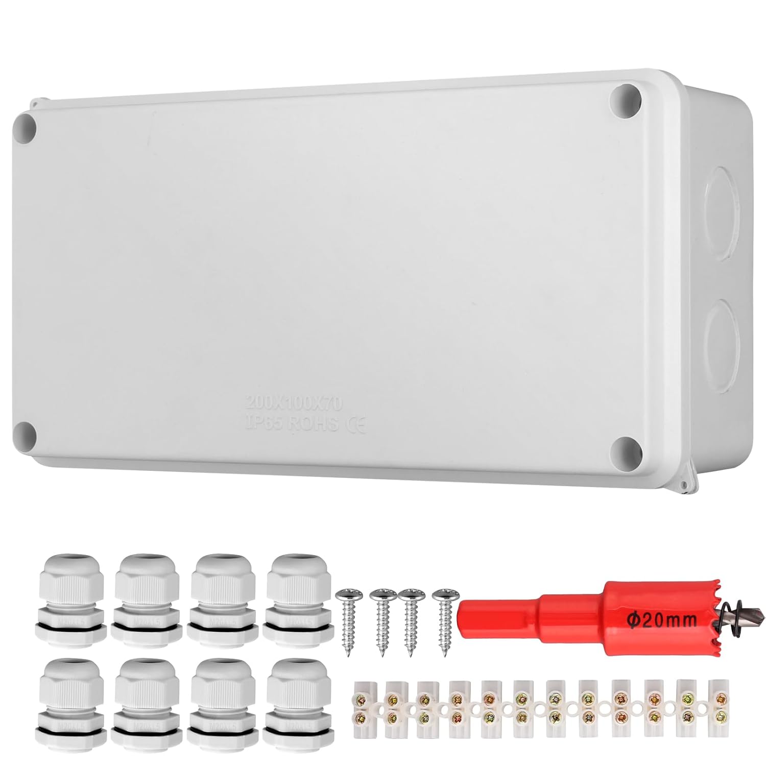EYPINS IP65 Waterproof Junction Box, ABS Electrical Box Outdoor Cable Connector with M20 Cable Gland and Terminal Strip for Electrical Connection Box Control(205x110x70 mm), White