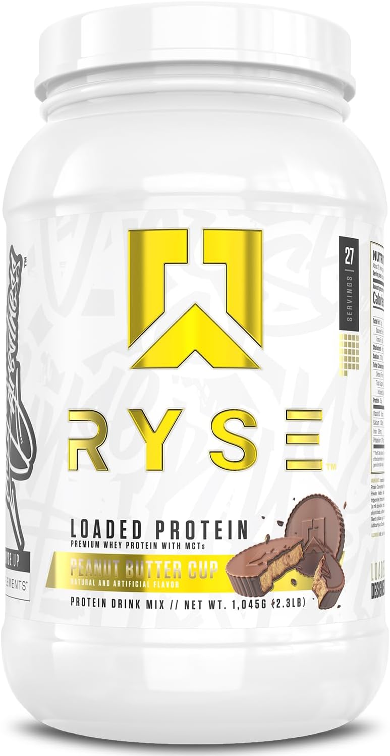 RYSE Loaded Protein Powder - Peanut Butter Cup - 25g Whey Protein Isolate & Concentrate with Prebiotic Fiber & MCTs - Low Carb, Low Sugar, Digestive-Friendly - 27 Servings / 2 lb Tub