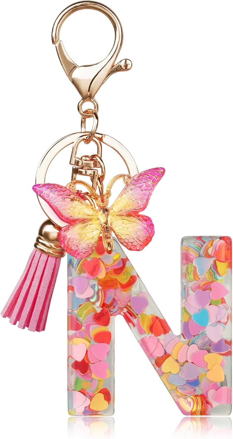 OSDUE Fashion Alphabet Initial Letter Keychain, Women Tassel Butterfly Pink Purple Cute Car Keyrin, Pink and Gold Resin Alphabet Keychain, Tassel Butterfly Pendant Key Ring for Wallet