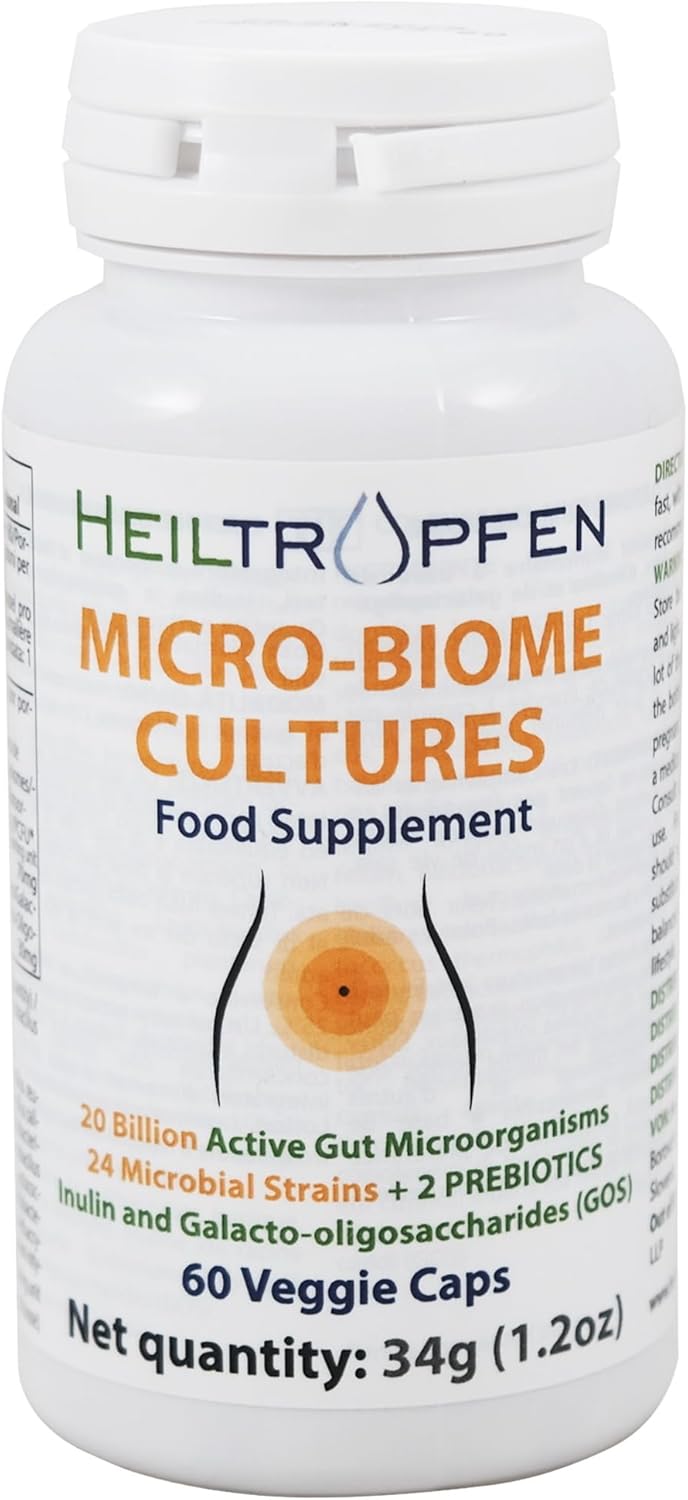 Micro-Biome Cultures | Digestive Probiotic + Prebiotic | 24 Strains | 20 Billion CFU | 60 Capsules | Active Gut | Inulin and GOS | Food Supplement | Heiltropfen®