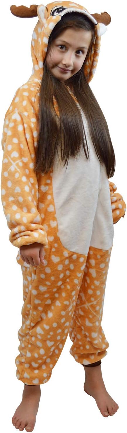 Girls Boys Reindeer Onesie Pyjamas Sleepsuit 3D Hooded Fleece Animal Pattern Unisex Toddler to Teenage Small Adult