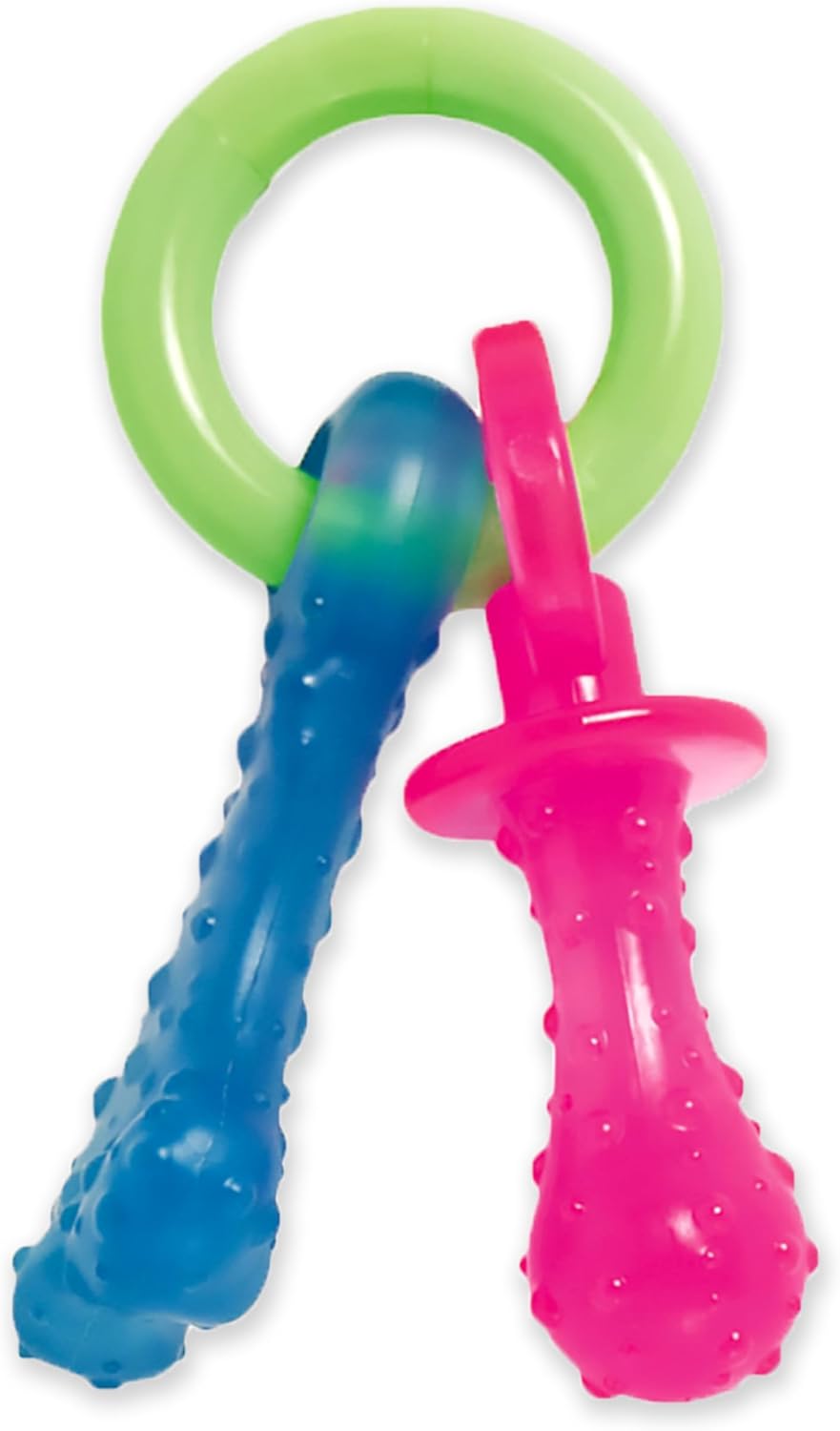 Nylabone Puppy Dog Teething Chew Toy Pacifier, Bacon Flavour, Extra Small, for Puppies Up to 7 kg, Blue/Pink
