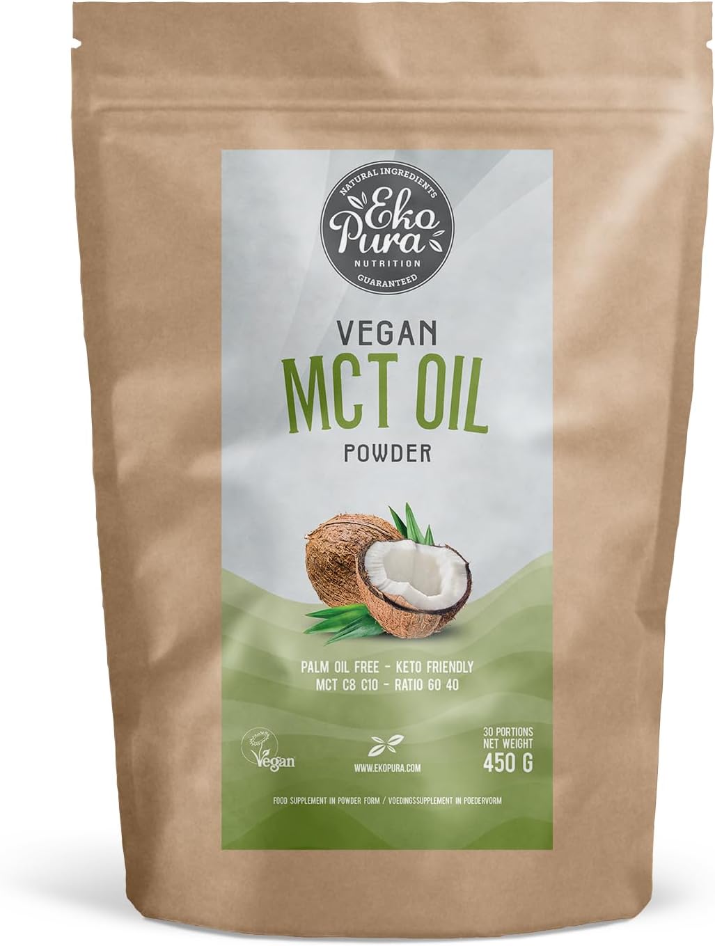 Ekopura Vegan MCT Oil Powder - 450g | C8/C10 MCT Ratio of (60/40) | Low Carb, Lactose Free, and Sugar Free | Premium Quality, Easily Absorbed & Digested | 30 portions | Neutral Flavoured
