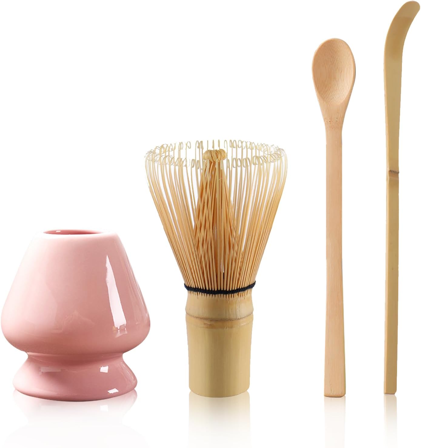 Matcha Tea Set with Whisk and Spoon, Matcha Whisk Kit with Ceramic Whisk Holder Scoop Matcha Ceremony Accessory Set Matcha Gift Set(Pink)
