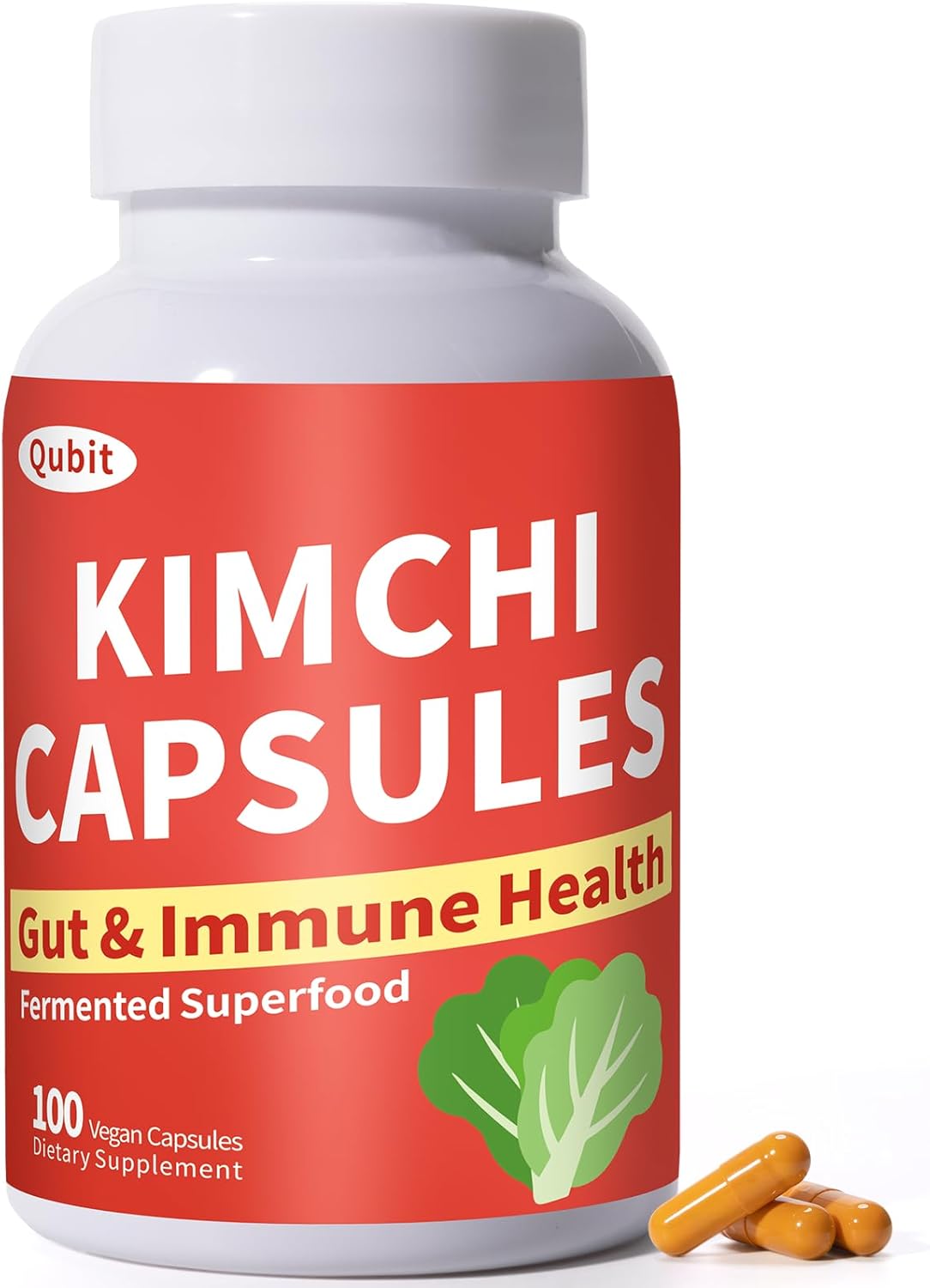 QUBIT Kimchi Capsules, Kimchi Supplement, Probiotics & Enzymes Supports Gut & Digestive Health, Taste Well, One Fermented Superfood for Antioxidant Support, 90 Vegan Capsules, Pills