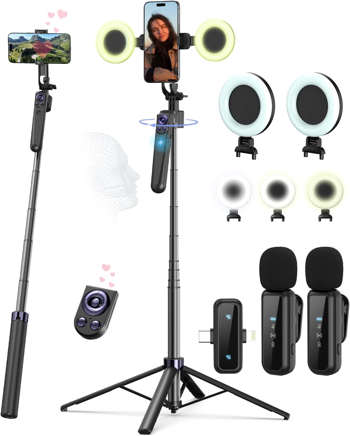 Vlogging Kit for iPhone/Android, 63”Auto Face Tracking Tripod for iPhone with Light, Wireless Microphones, Scrolling Remote Control for TikTok, Content Creator Kit for YouTube Starter
