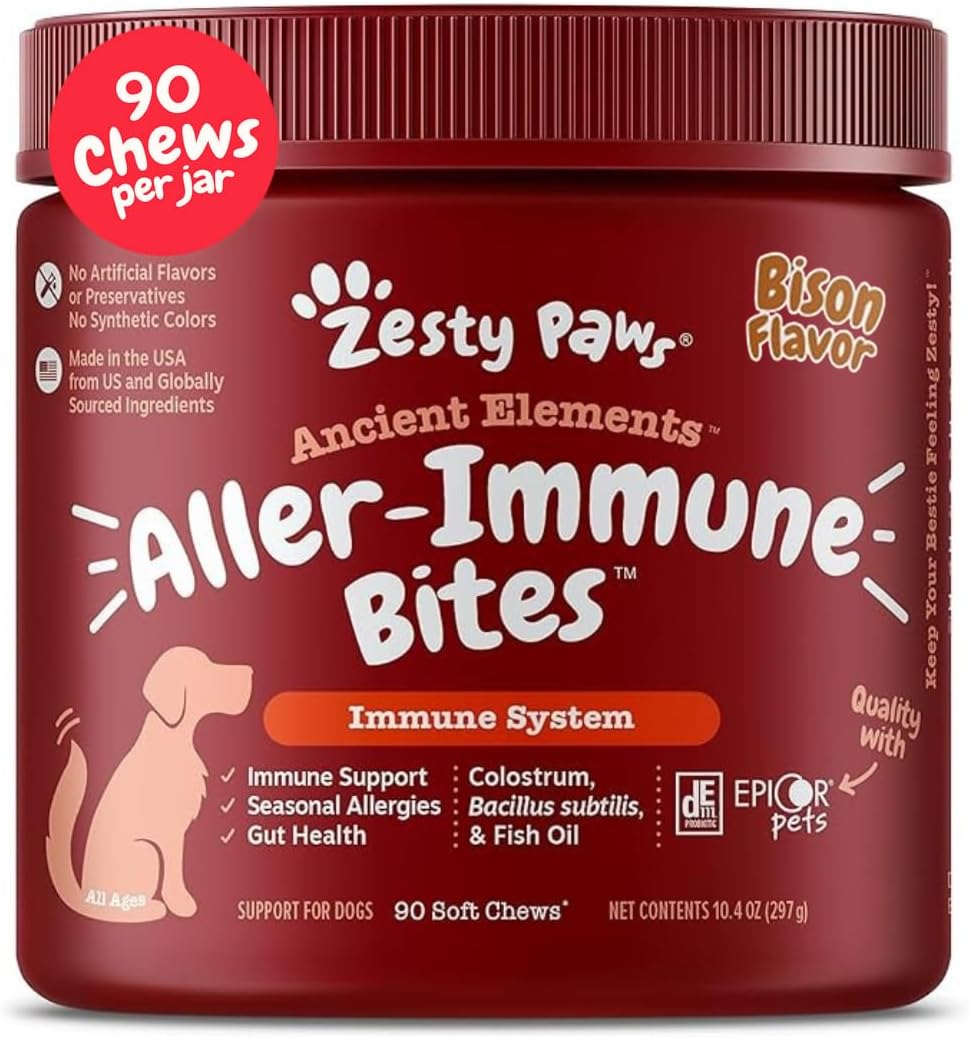 Zesty Paws Dog Allergy Relief - Anti Itch Supplement - Omega 3 Probiotics for Dogs - Digestive Health - Soft Chews for Skin & Seasonal Allergies - with Epicor Pets - Bison - 90ct