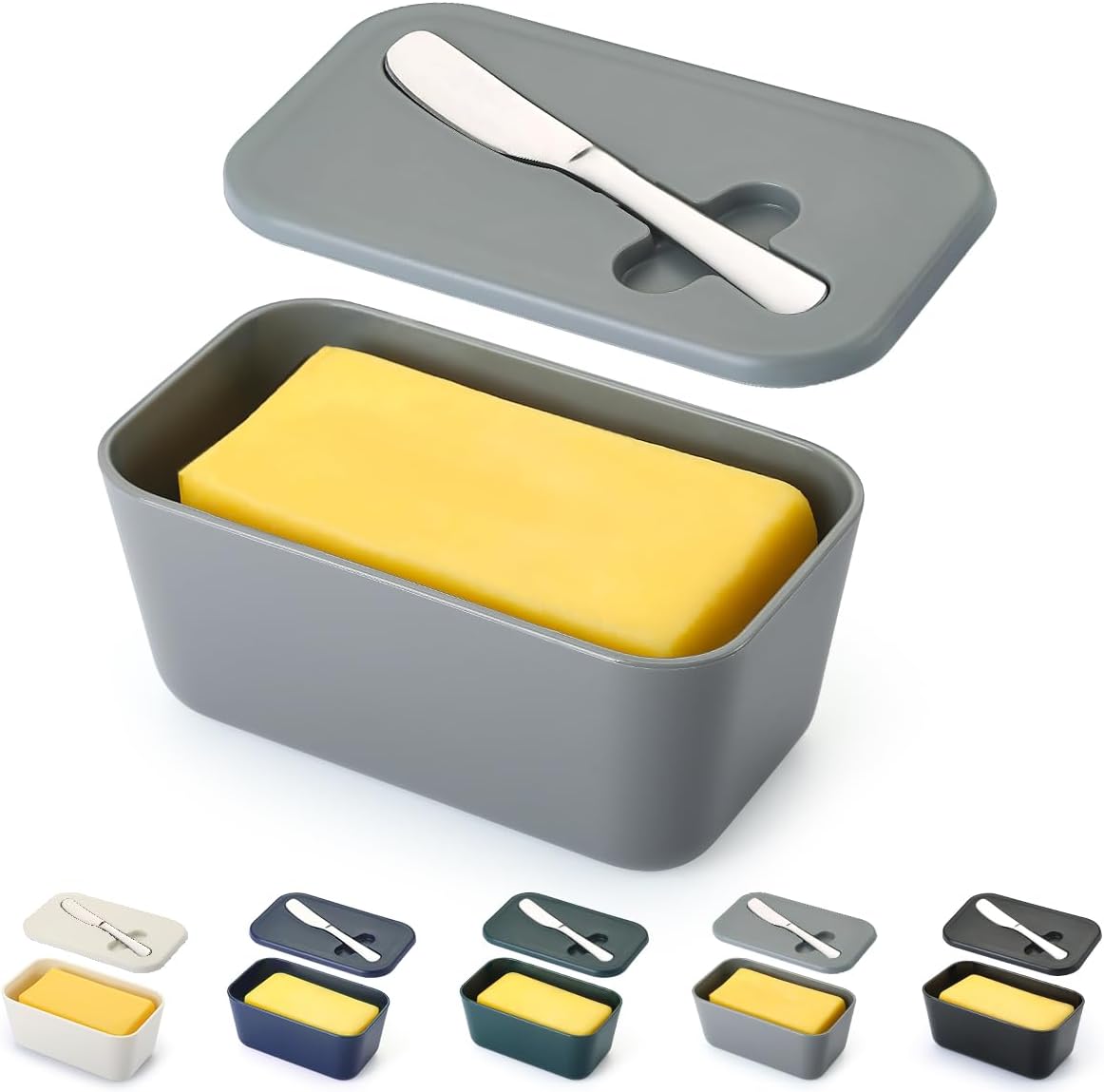 Butter Dish with Lid for Countertop and Refrigerator Door Shelf, ReaNea Plastic Butter Holder Tray Container with Butter Knife, Easy Scoop Dishwasher Safe