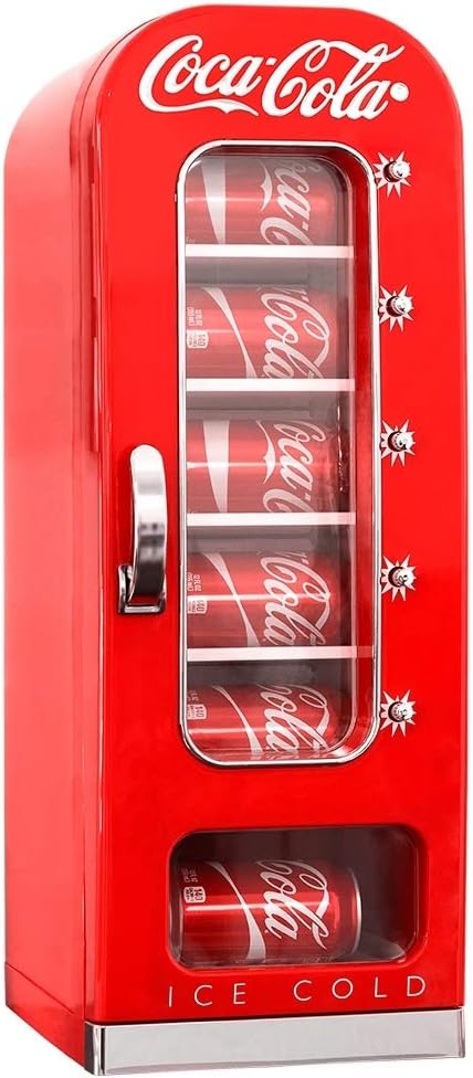 Coca-Cola Exclusive New Retro Mini Fridge Vending Machine Style 10 Can, 12V DC/110V AC with tall window display for home, dorm, office, games room