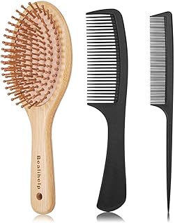 Premium Bamboo Hair Brush for Growth, Scalp Massage, Reducing Frizz and Dryness - Wooden Design with 2 Combs for Women, Men, and Kids