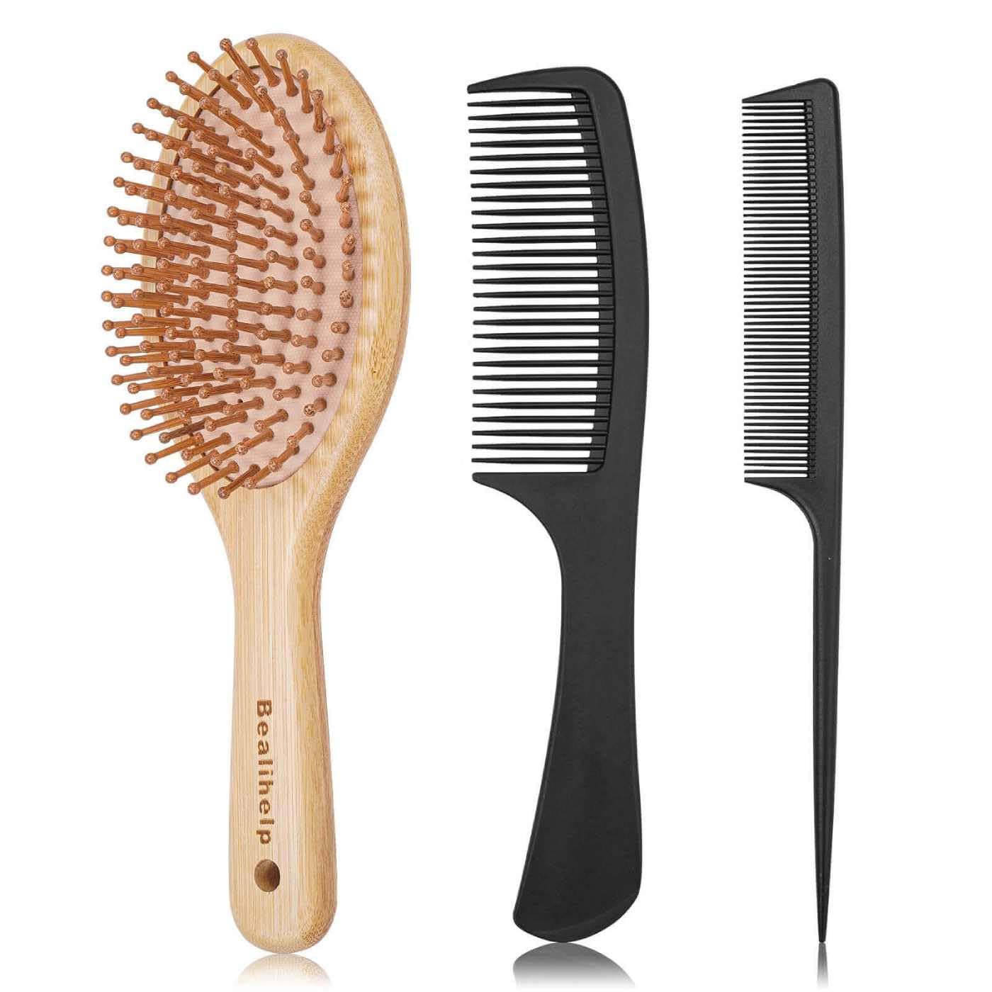 Premium Bamboo Hair Brush for Growth, Scalp Massage, Reducing Frizz and Dryness - Wooden Design with 2 Combs for Women, Men, and Kids