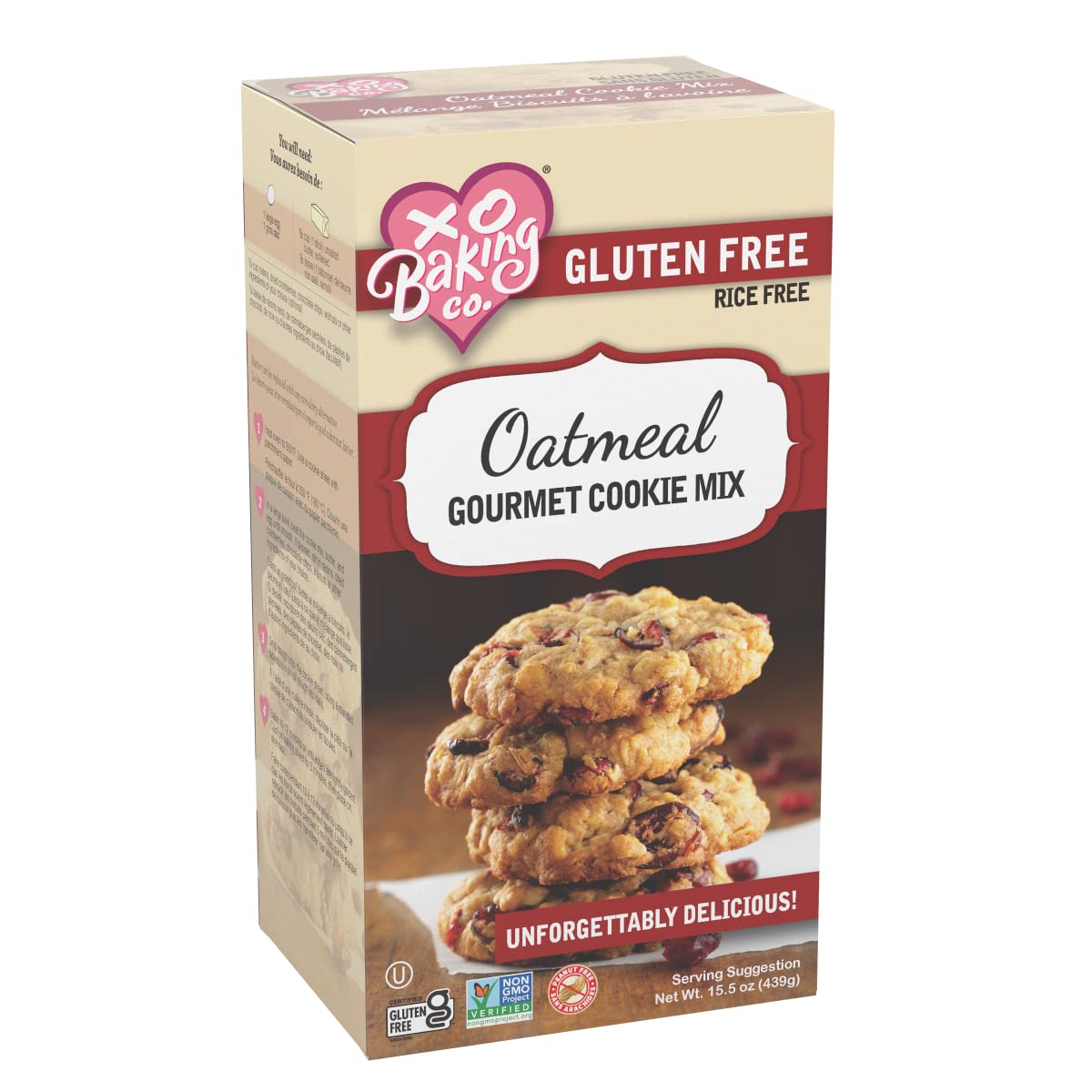 XO Baking Co. Gluten Free Oatmeal Gourmet Cookie Mix; Non-GMO; Kosher; Rice Free; Dairy Free; Soy Free; Peanut Free; No Preservatives; No Artificial Flavors or Colors, 15.5oz