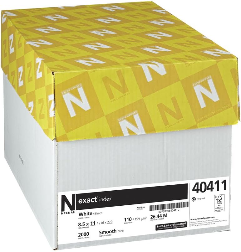Neenah Exact Index Cardstock, 8.5" x 11", 110 lb/199 gsm, White, 94 Brightness, 2000 Sheets (40411)