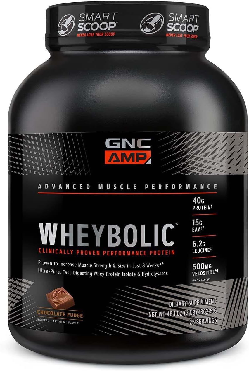 GNC AMP Wheybolic Clinically Proven Protein Powder, 40g Whey Protein, BCAA, Leucine, Increases Muscle Strength, Muscle Building, 3rd Party Tested, Gluten Free, Chocolate Fudge, 25 Servings