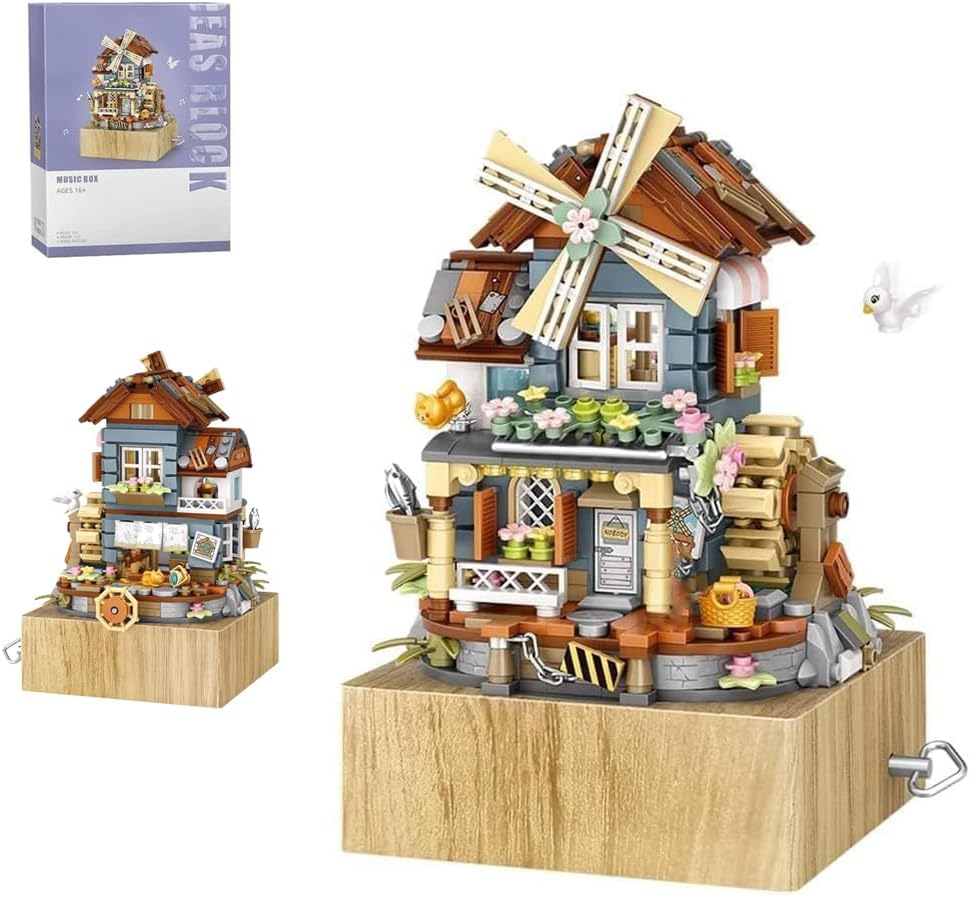 799pcs Street View Windmill Music Box Bricks Model Building Set, Street View Modular Building Kits, DIY Architecture Construction Toy, Building Blocks for Kids and Adults