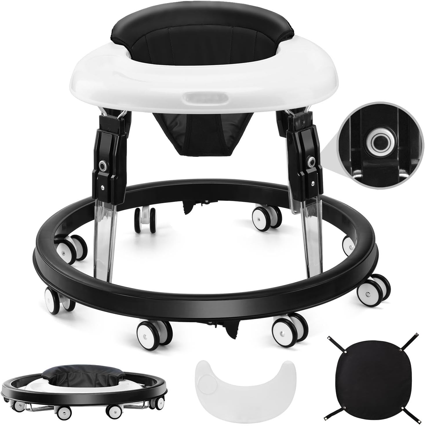 Baby Walker, Foldable Multi-Function Anti-Rollover Walker with Brake Design, 7 Level Height Adjustable, Baby Walkers for Boys 6 Months Suitable for All Terrains (Dark Black)