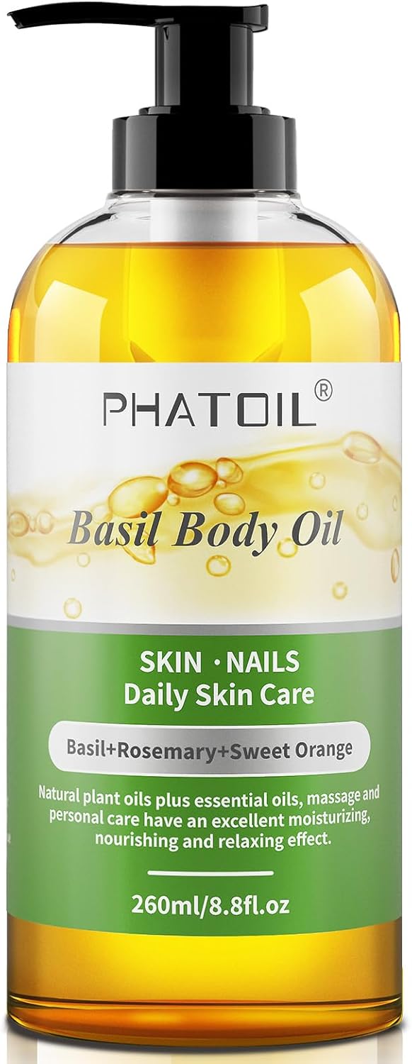PHATOIL Body Oil, Basil Body Oil for Massage, Skin Care, Nails Care, Formulated with Natural Plant Oils and Essential Oils, Natural Moisturizer for Women, Men. 260ml, All Skin Types