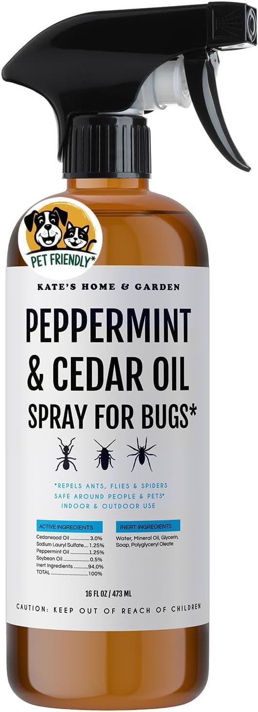 Kate's Home & Garden Peppermint Oil Spray for Bugs, Insects, Spiders. Indoor Repellent Pest Control with Cedarwood Oil (16oz, Natural, Non Toxic)