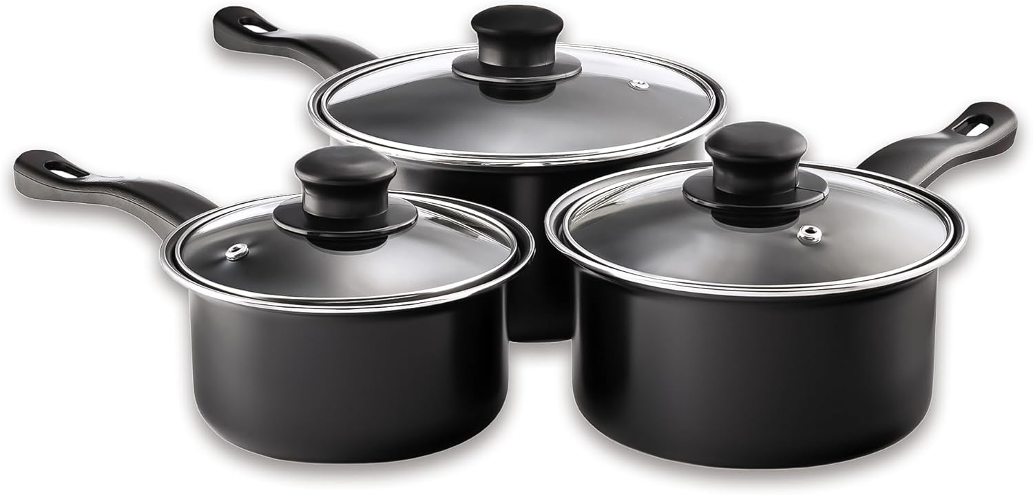 Value plus 3 PCE Sauce pan Set with Glass Lids, Carbon Steel, Multi-Colour, 16, 18, 20cm