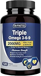 Triple Omega 3-6-9 Fish Oil 2000mg with Vitamin E - EPA & DHA Fatty Acids Supplement - Supports Heart, Brain, Eye, Joint, Skin & Immune Health - Includes Flaxseed & Borage, Non-GMO, 120 Softgels