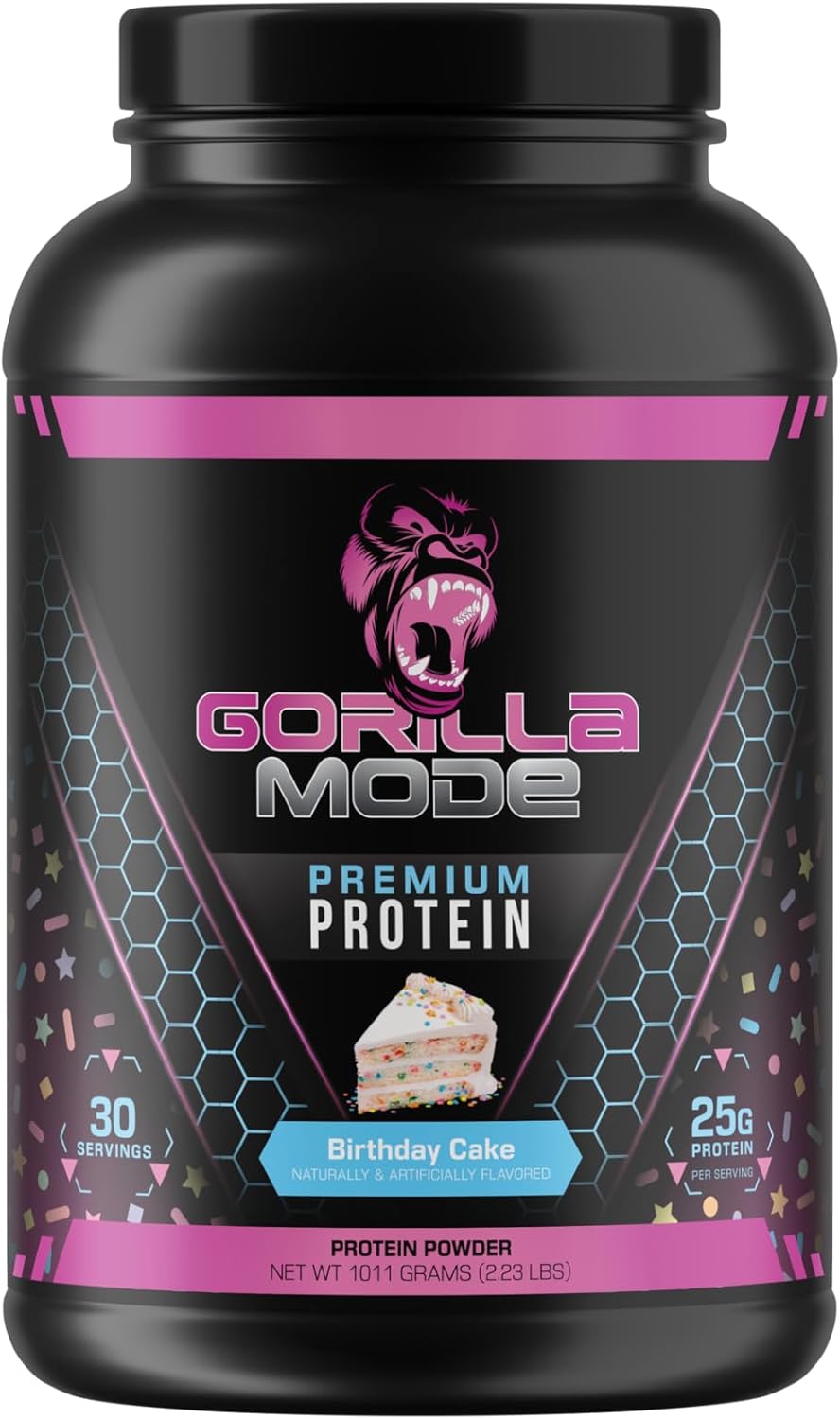 Gorilla Mind Premium Whey Protein - Birthday Cake, 25 Grams of Whey Protein Isolate & Concentrate,Recover and Build Muscle (30 Servings)