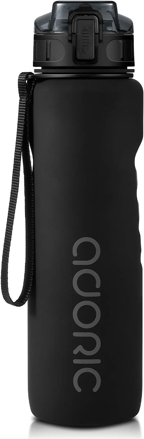 ADORIC Sports Water Bottle 1L, 500ML, BPA Free Tritan Non-Toxic Plastic Sport Water Cup, Durable Leak Proof Water Bottle with Filter, Flip Top (Black-1000ml)