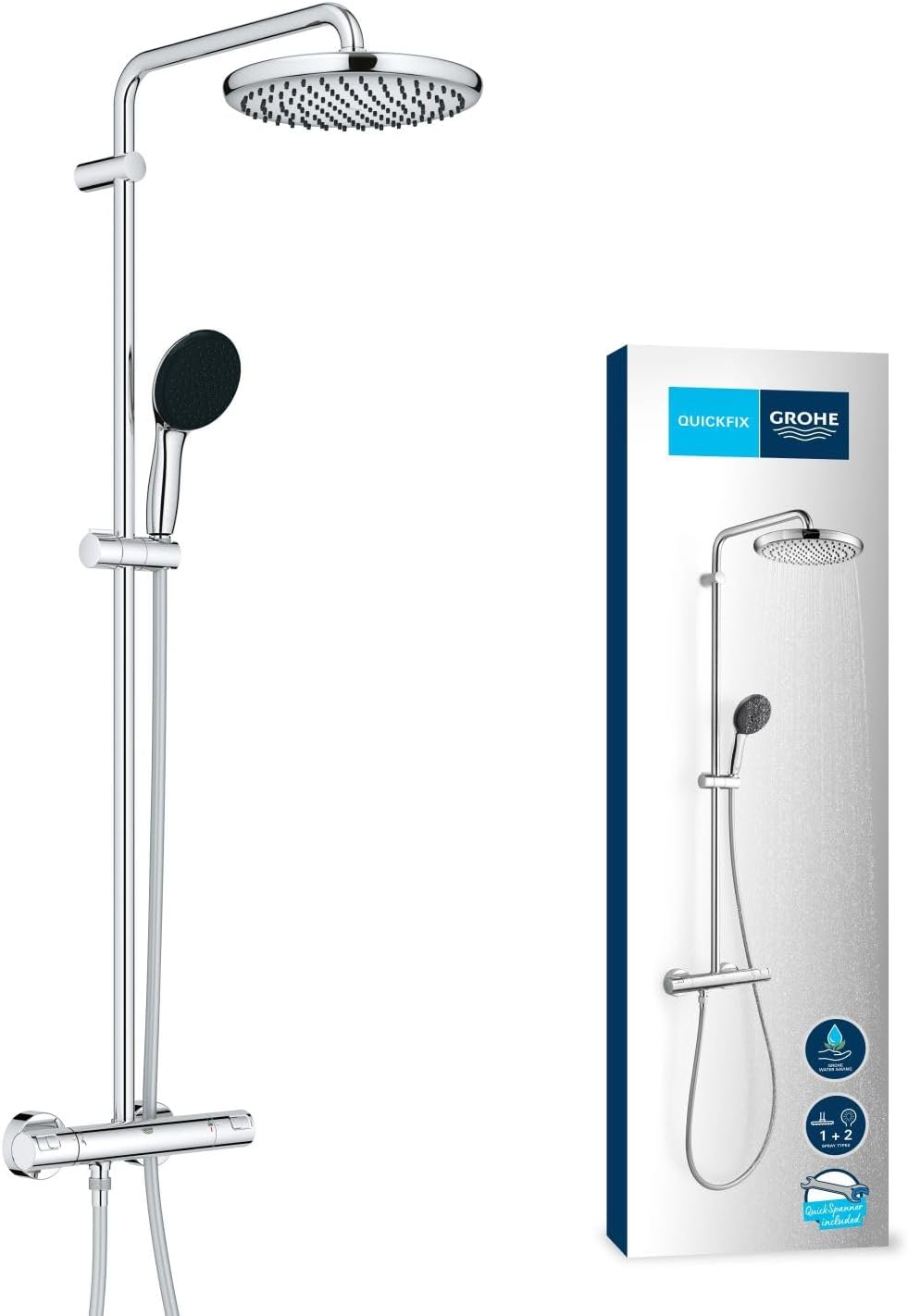 GROHE Vitalio Start 250 – Exposed Thermostatic Shower with Aquadimmer Function (Round 25 cm Head 1 Spray: Rain, Round 11cm Hand Shower 2 Sprays: Rain & Jet, Water Saving), Chrome, 26677001