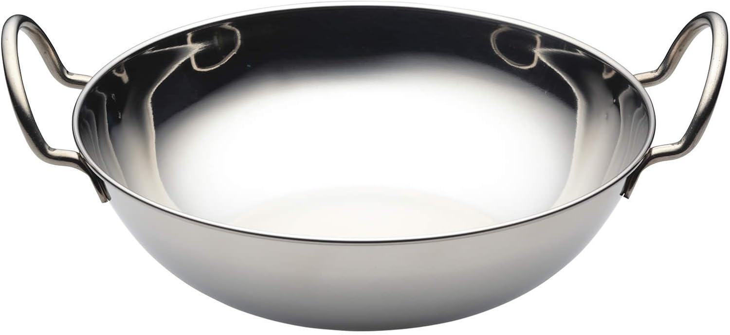 KitchenCraft World of Flavours Indian Style Balti Serving Dish, Mirror-polished finish and wire handles, Stainless Steel, 26 cm, Silver