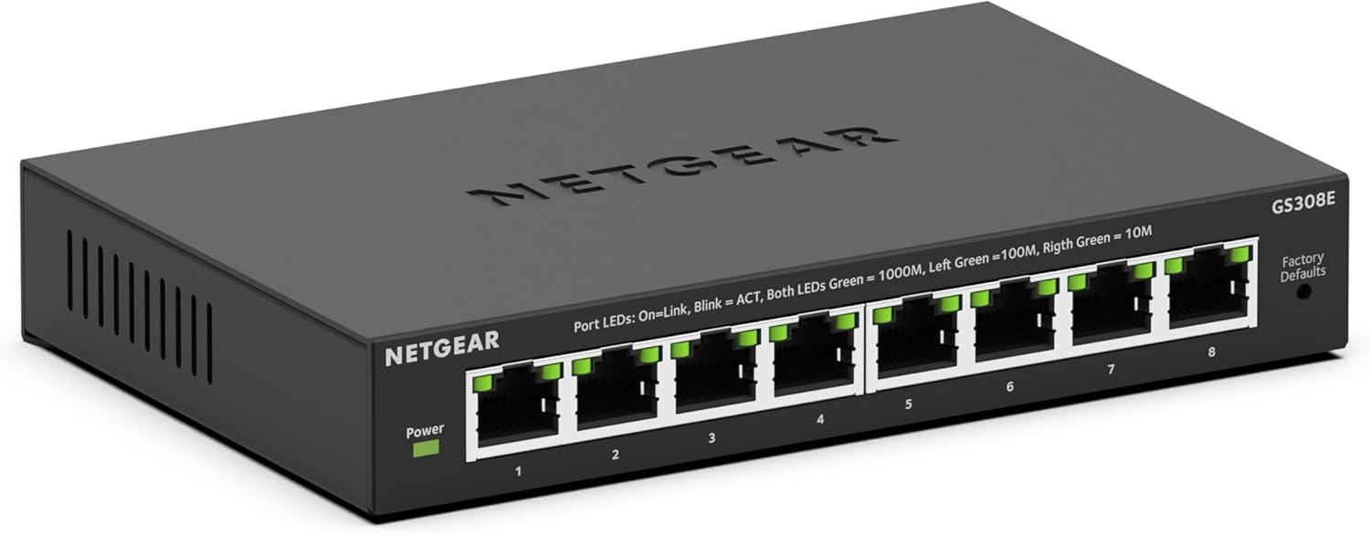 NETGEAR 8-Port Gigabit Ethernet Easy Smart Managed Essentials Switch (GS308E) - Desktop or Wall Mount, Home Network Hub, Office Ethernet Splitter, Silent Operation