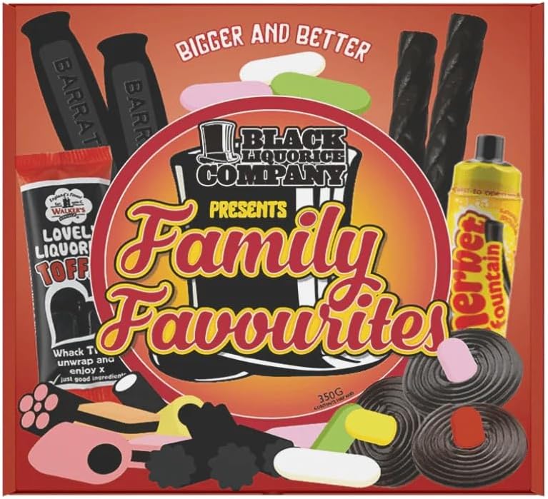 Black Liquorice Company Family Favourites Retro Sweets Gift Box | 350g Letterbox Friendly Liquorice Hamper Featuring Barratt Sticks, Sherbet Fountain, Allsorts & Toffee | Nostalgic British Candy Gift