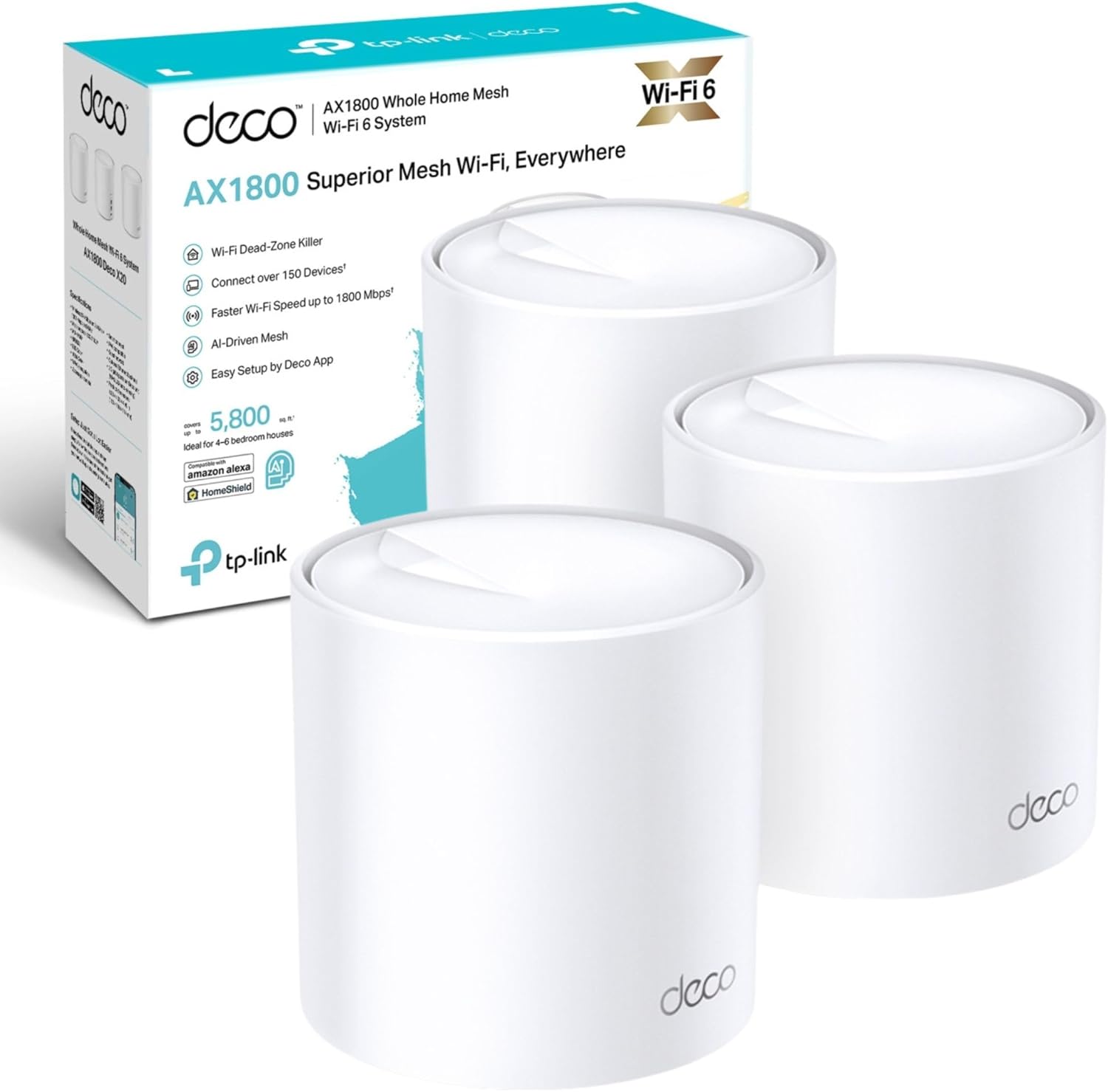 TP-Link Deco X20(3-pack) AX1800Mbps Whole Home Mesh WiFi 6 System, AI-Driven WiFi Booster, up to 5,800 Sq ft Seamless Coverage, 1 GHz Quad-Core CPU, Connects over 150 Devices, TP-Link HomeShield's KIT