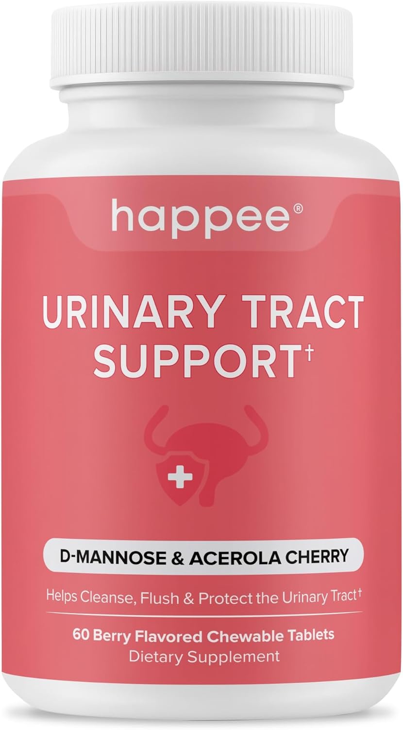 Happee Urinary Tract Health Supplement for Women & Men – Fast-Acting UTI Relief and Prevention, 500mg D-Mannose & Antioxidants, Supports Kidney and Bladder Health, Berry Flavor, 60 Chewables