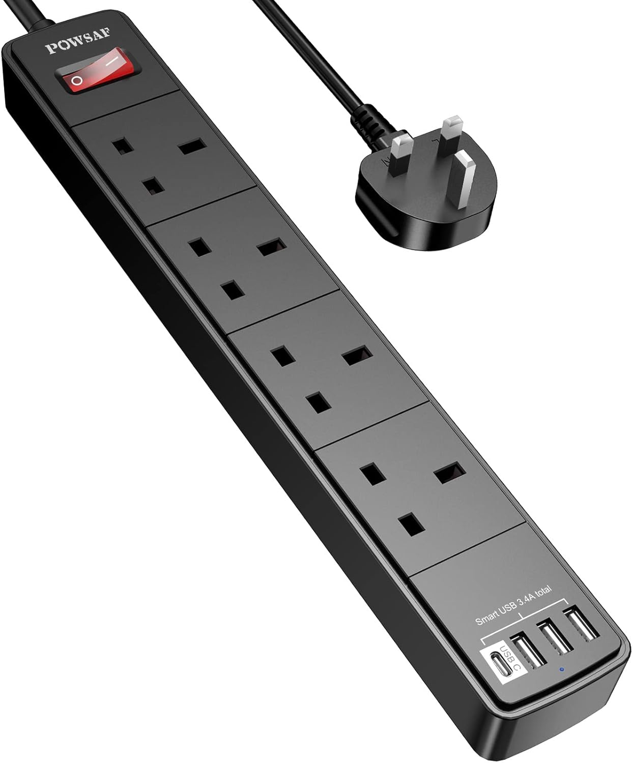 POWSAF Extension Lead with 4 USB Slots (3.4A, 1C and 3A Ports),Power Strip Extension cord with 4 way plug extension Socket and 2M Extension Cable for Home Office Travel holiday essentials,Black