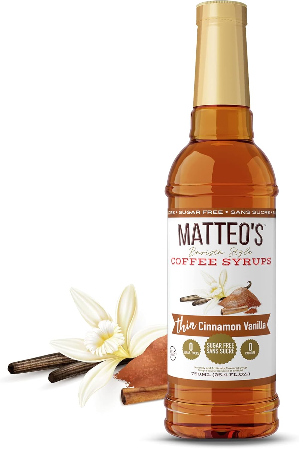 Matteo's Sugar Free Coffee Flavoring Syrup, Cinnamon Vanilla, Delicious Coffee Syrup, 0 Calories, 0 Sugar coffee syrups, Cinnamon Vanilla, 750 ml, 1-Pack