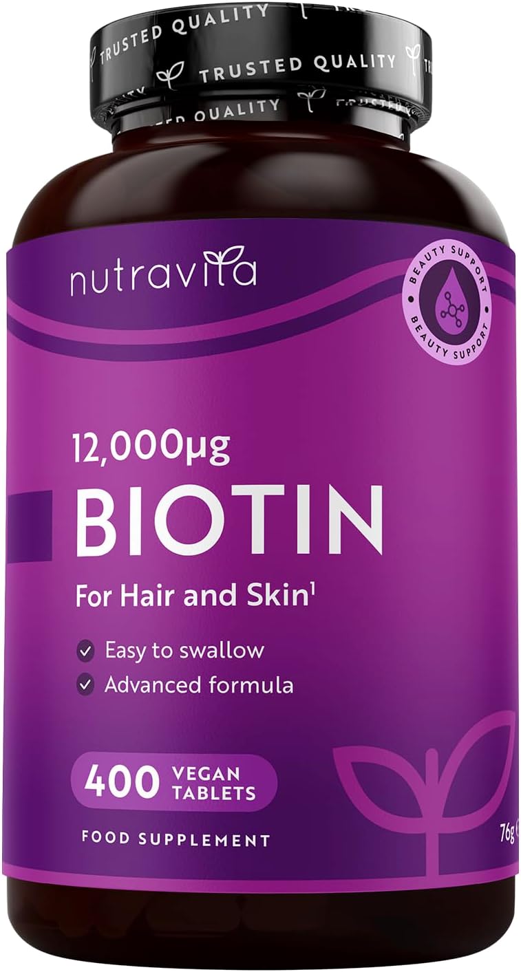 Biotin Hair Growth Supplement 12,000mcg – 400 Vegan Tablets (13+ Month Supply) High Strength Vitamin B7 12000UG - Supports Skin & Hair Growth – High Absorption Biotin Pills for Women & Men – Nutravita
