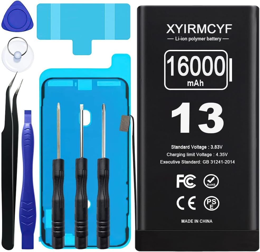 16000mAh Super Capacity Battery Compatible with iPhone 13, 0 Cycle Li-Polymer Replacement Battery for iPhone 13, with Professional Repair Tool Kit