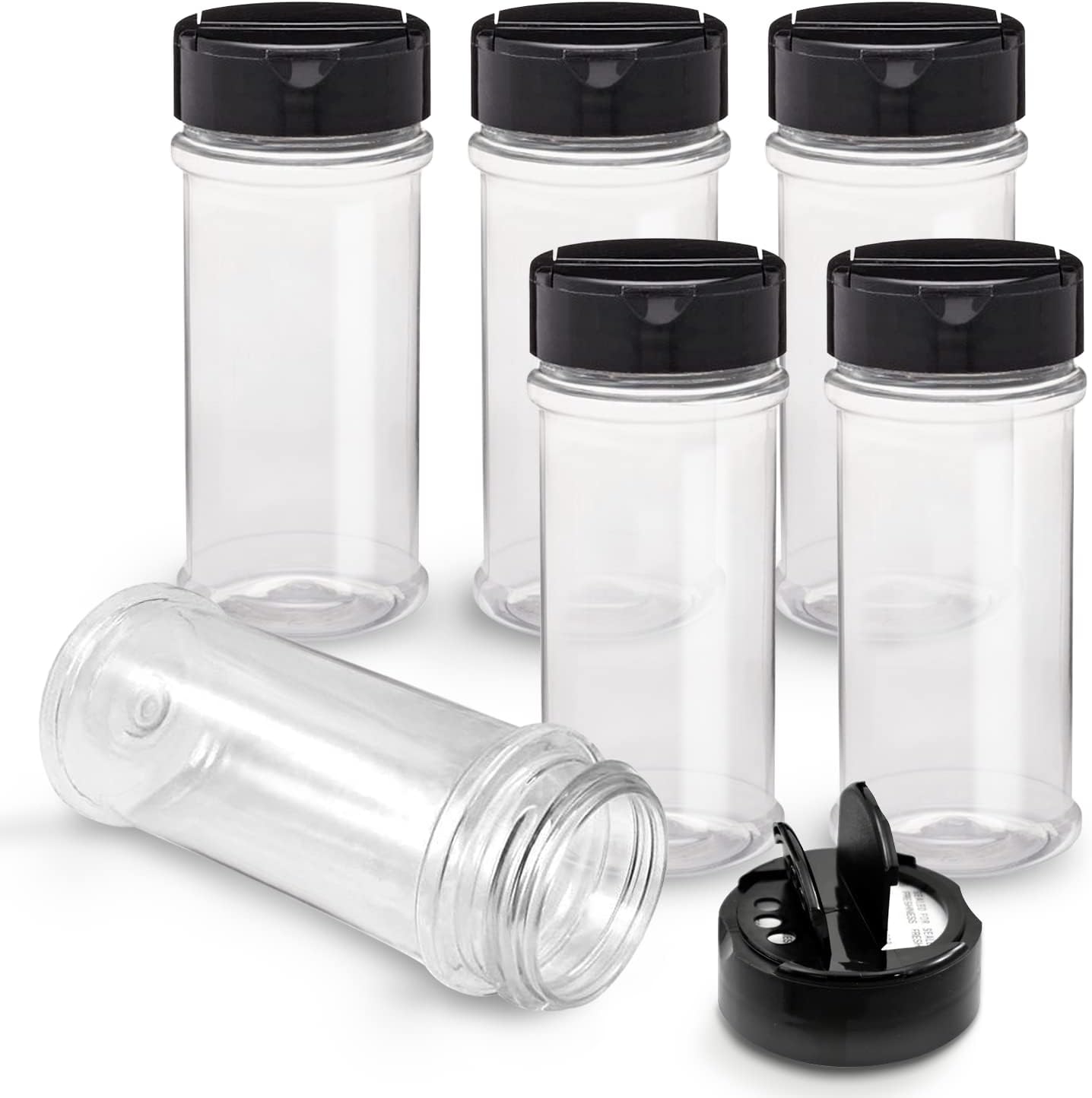 RoyalHouse 6 Pack 5.5 Oz Plastic Spice Jars with Black Cap, Clear and Safe Plastic Bottle Containers with Shaker Lids for Storing Spice, Herbs and Seasoning Powders, BPA Free, Made in USA