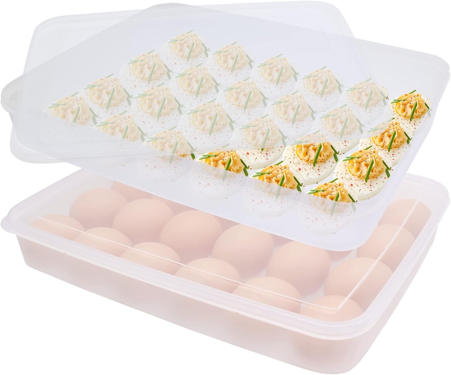 2 Pack Covered Egg Holder,Clear Egg Holder Storage Container,Stackable Plastic Refrigerator Egg Trays for Deviled Egg,Protect and Keep Fresh(48 Eggs)