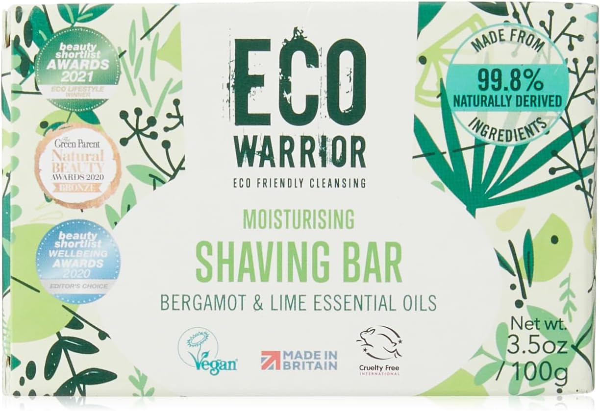 Eco Warrior Shaving Soap Bar | Shaving Bar For Men & Women | Vegan, Natural, eco friendly, Cruelty-Free | No SLS or Parabens | Contains Moisturising Coconut Oil & Shea Butter, Bergamot & Lime | 100g