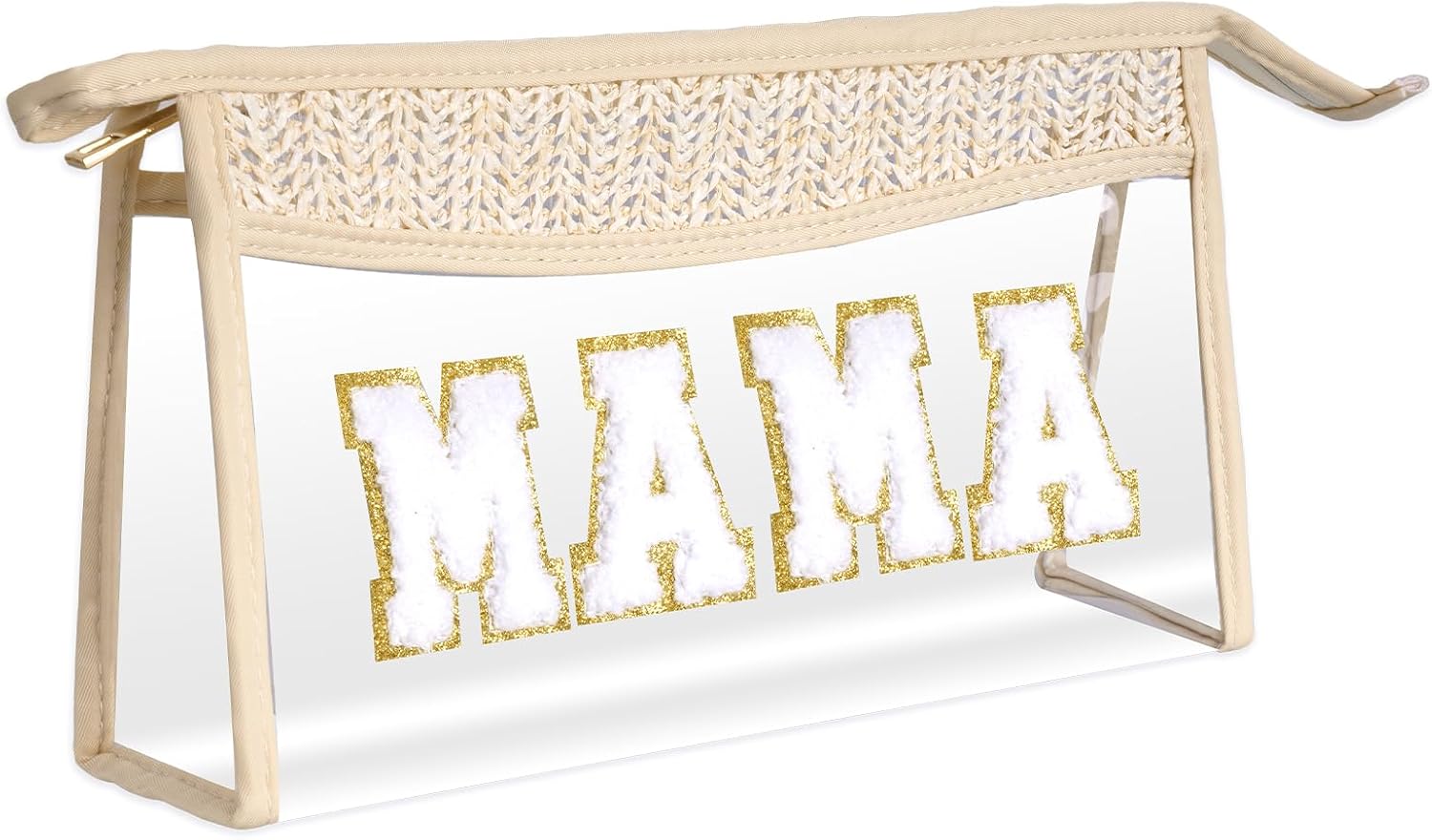 Boho Patch Cosmetic Bag with Zipper, Chenille Varsity Letter Makeup Bag, Clear Travel Pouch, Multi-purpose Small Toiletry Bag for Women Girls (Mama)