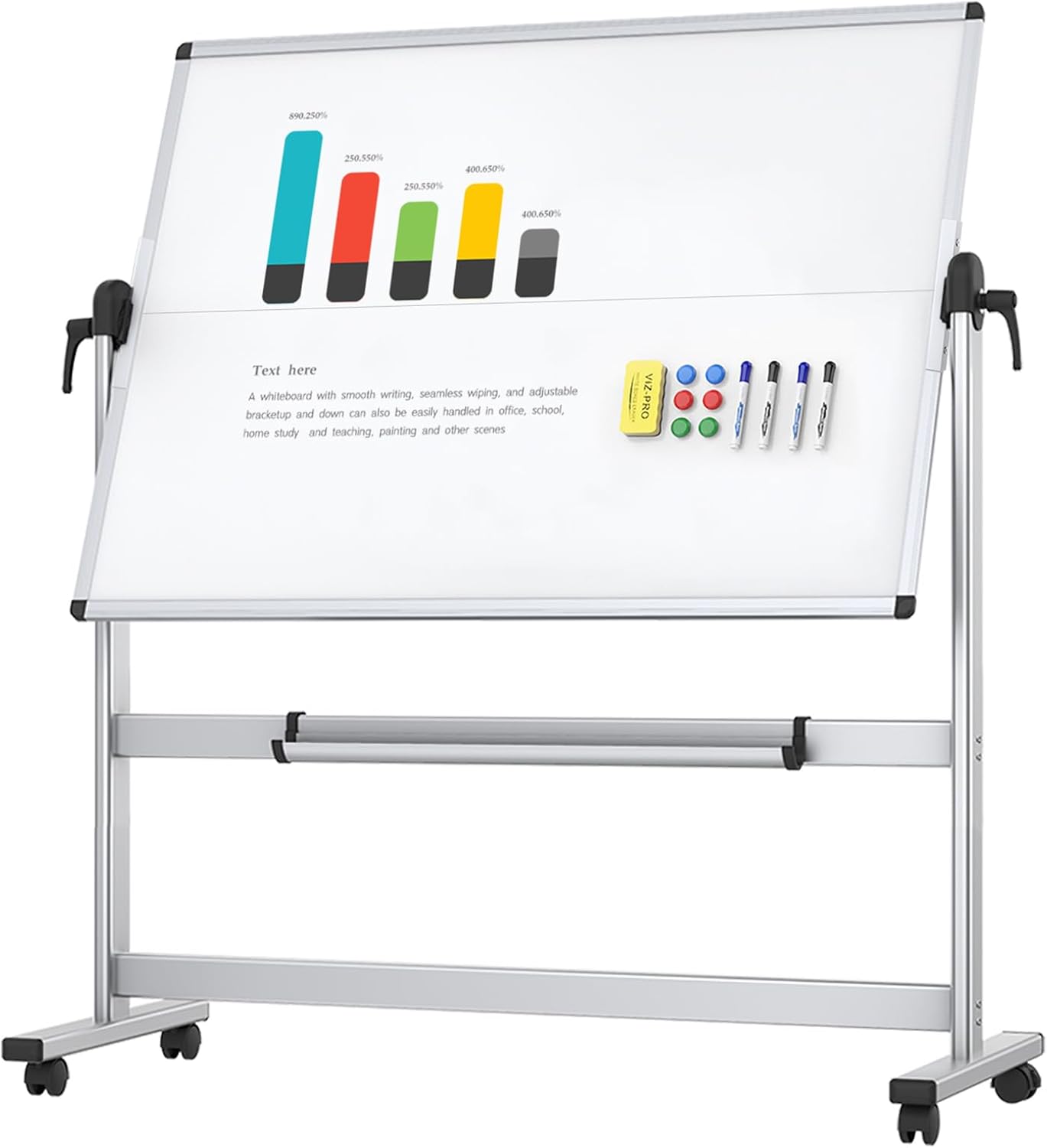 VIZ-PRO Rolling Whiteboard, 48" x 36" Mobile White Board with Stand