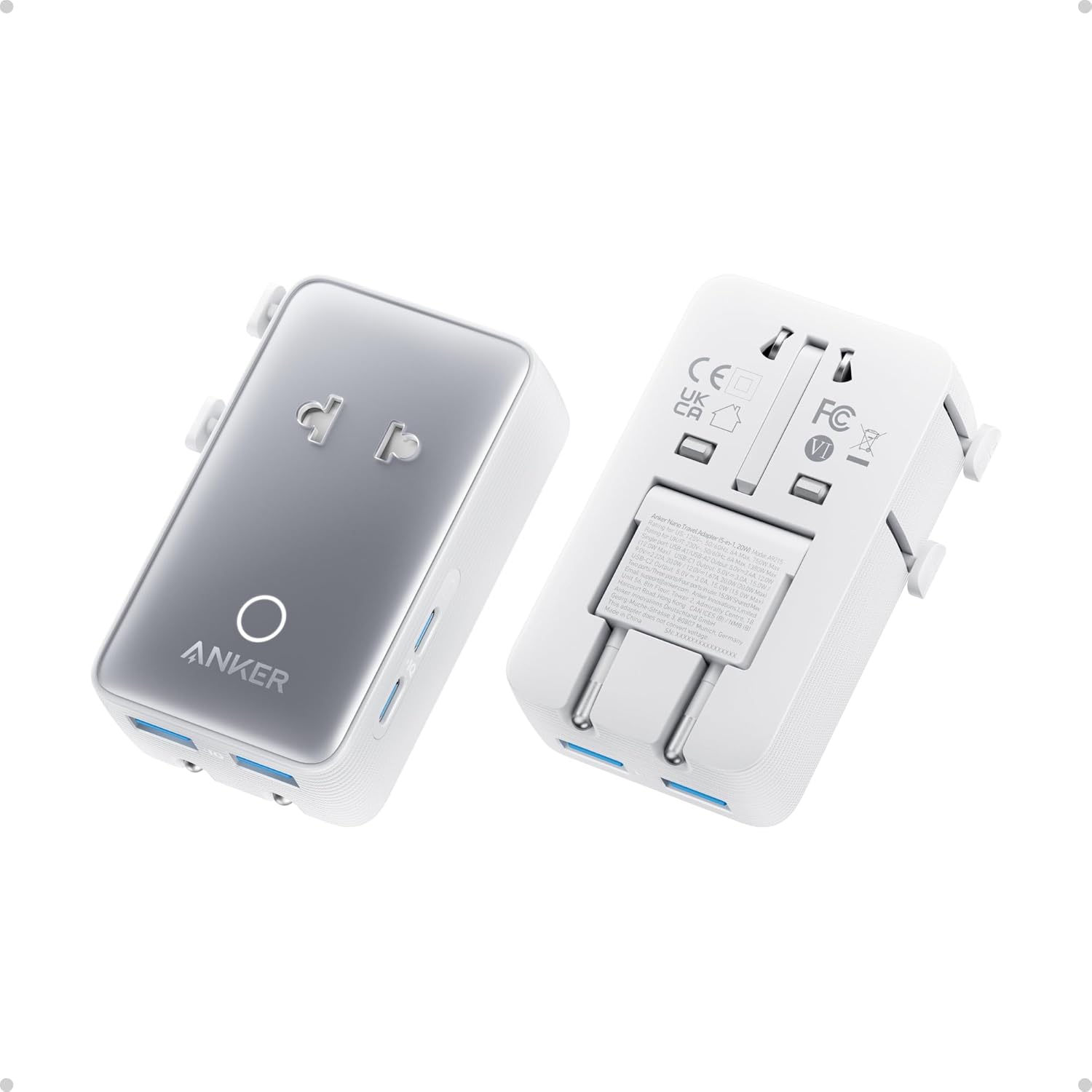 Anker Nano Travel Adapter, 5-Port Power Adapter with 1 AC, 2 USB-A, and 2 USB-C Ports, Smart Temperature Control, Compatible with Over 200 Countries, Ideal for Travel (1-Pack) (White)