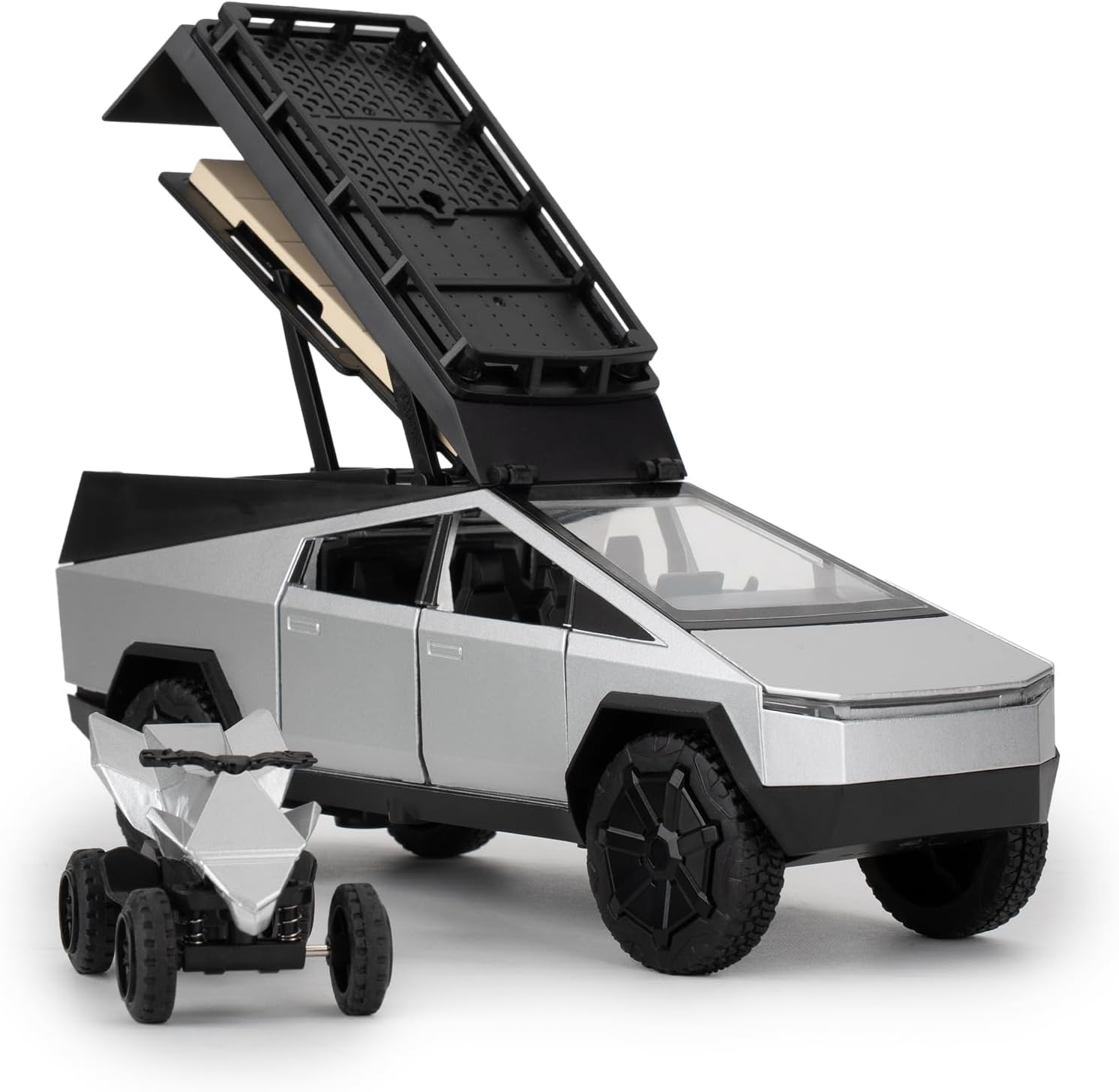 TGRCM-CZ 1/32 Tesla Cybertruck Electric Pick-Up Model Car Camping RV with Motorcycle, Zinc Alloy Pull Back Vehicles Model Car with Sound and Light for Kids 3+ Years Old Birthday Gift (Silvery)