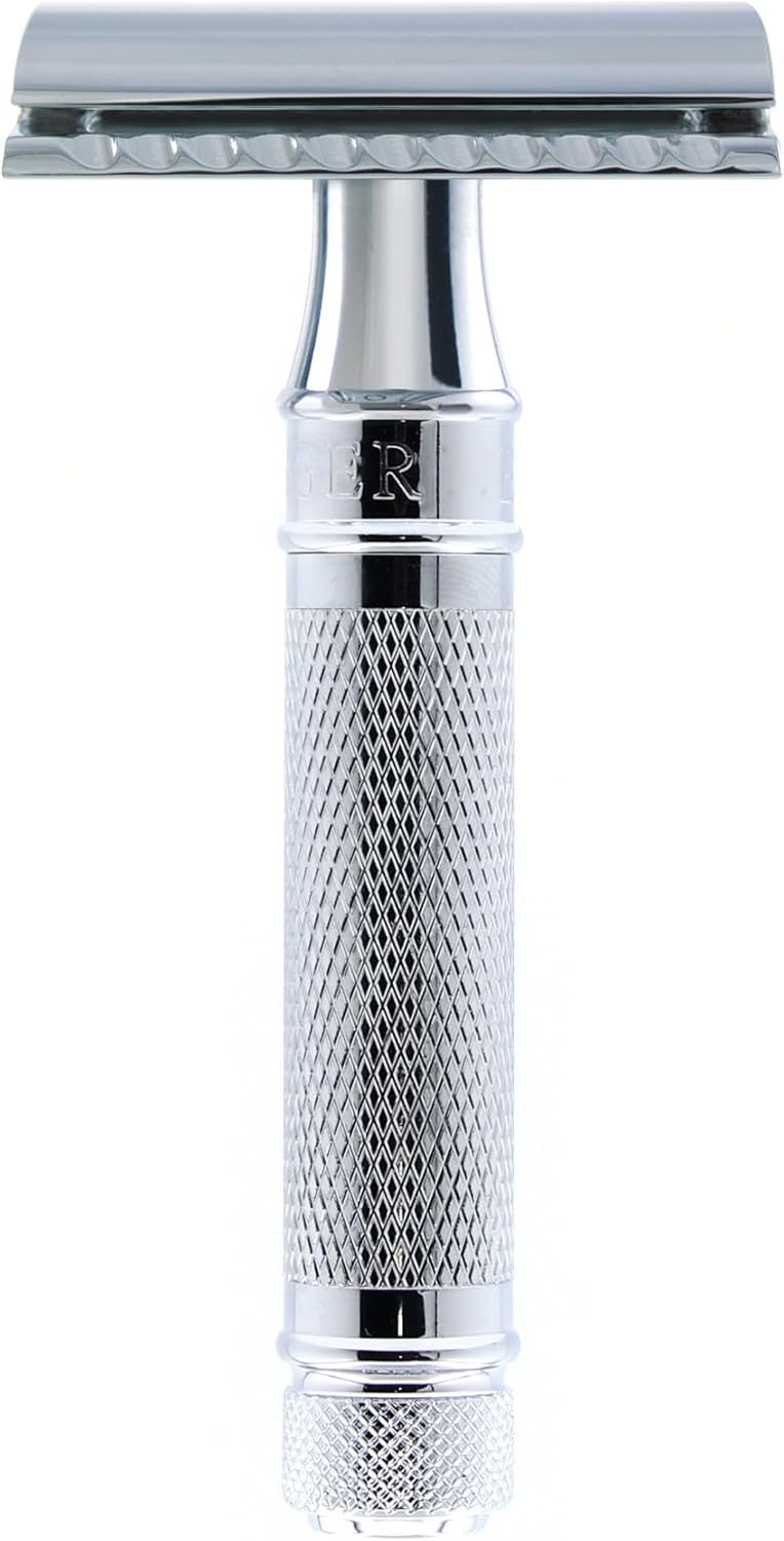 Edwin Jagger DES89KNBLAMZ Short Handle Classic Double Edge Manual Eco-Friendly and Reusable Safety Razor for Men and Women for Shaving cream or Soap (Knurled)