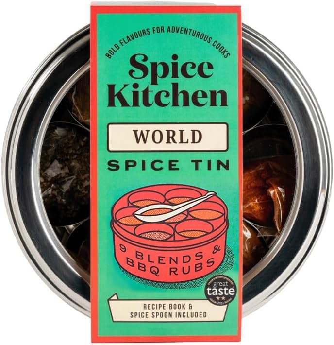 Spice Kitchen World Spice Blends & BBQ Rubs Gift Set, 9 Spices Including Garam Masala, Sri Lankan Curry Powder, Harissa, Tex Mex, Jerk, Chinese, Ras El Hanout, Za'atar - Stainless Steel Spice Tin