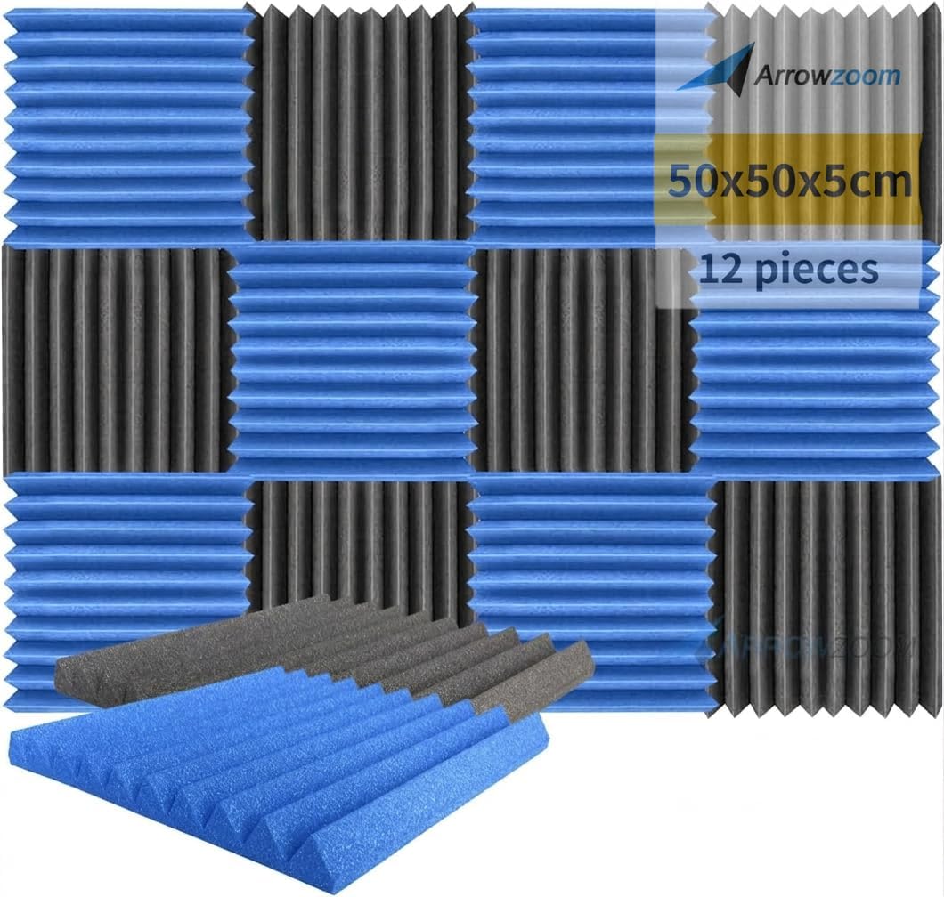 Arrowzoom 12 Acoustic Panels Wedge Sound Absorbing Acoustic Treatment Tiles 50x50x5cm Noise Cancellation 26kg/m3 High Density Acoustical Walls Dampening Foam Fire Retardant 1134 Black Blue