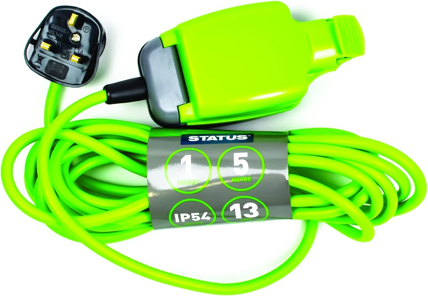 STATUS 1 Socket Extension Lead, 5m Green Extension Cable, 13 amp Weatherproof Socket, 1W5M13AIP54S6