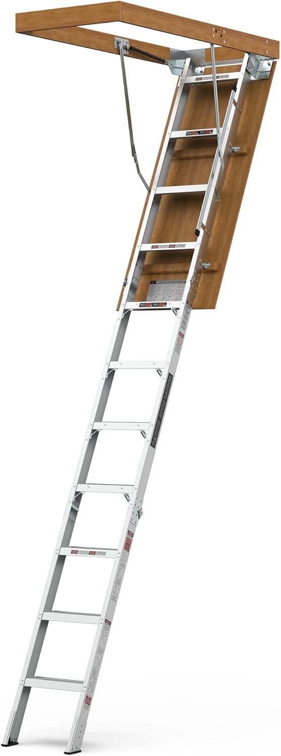 Aluminum Attic Ladder - Lightweight and Portable, 375-pound Capacity Convenient Access to Your Attic, Fits 7'8"-10'3" Ceiling Heights, 22 1/2" x 54"