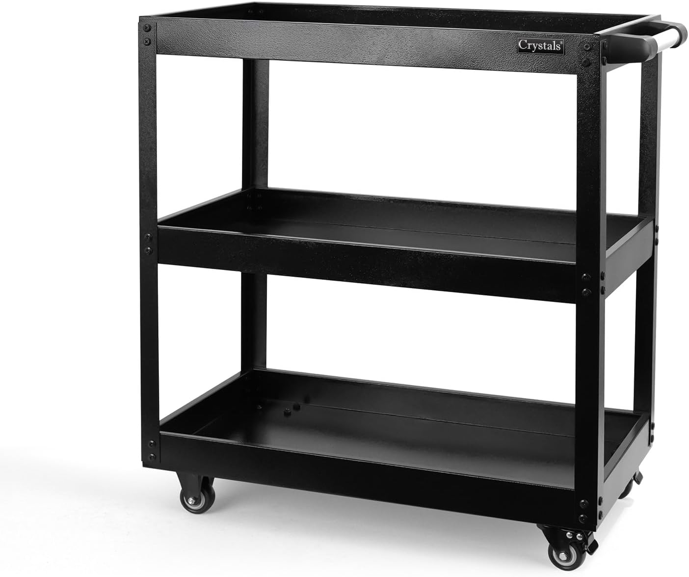 Crystals Tool Trolley on Wheels, 3-Tier Tool Storage Organiser with Lockable Wheels, Garage Tool Service Cart with Handle, Workshop DIY Storage Trolley (Black)